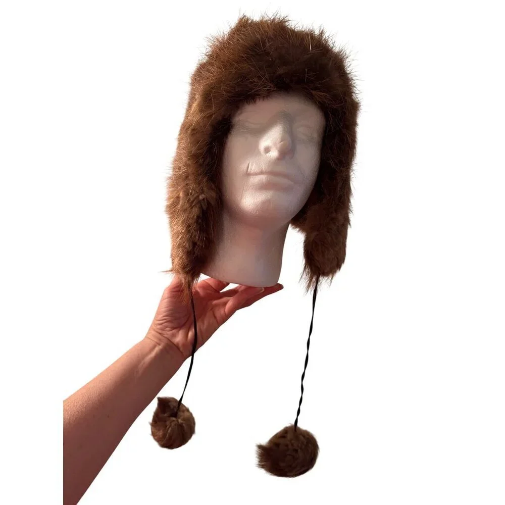 Vintage Beaver Fur Womens Trapper Hat One Size Reddish Brown Earflaps Pom-poms